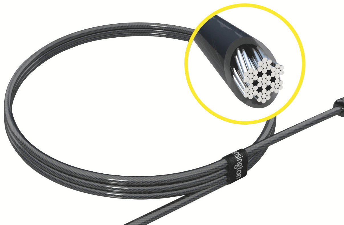 Een zwart springtouw met zilveren kabeldraden en een close-up van de interne structuur van de kabel.