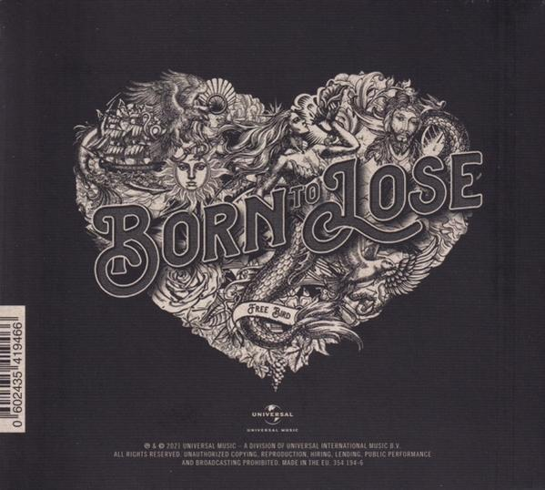 Albumhoes: hartvormige afbeelding met tekst 'BORN TO LOSE' en diverse illustraties.