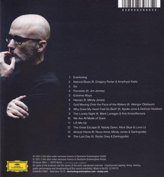 Dos de la pochette de l'album de Moby, avec un homme chauve regardant vers le bas, entouré de texte et d'une liste des titres.