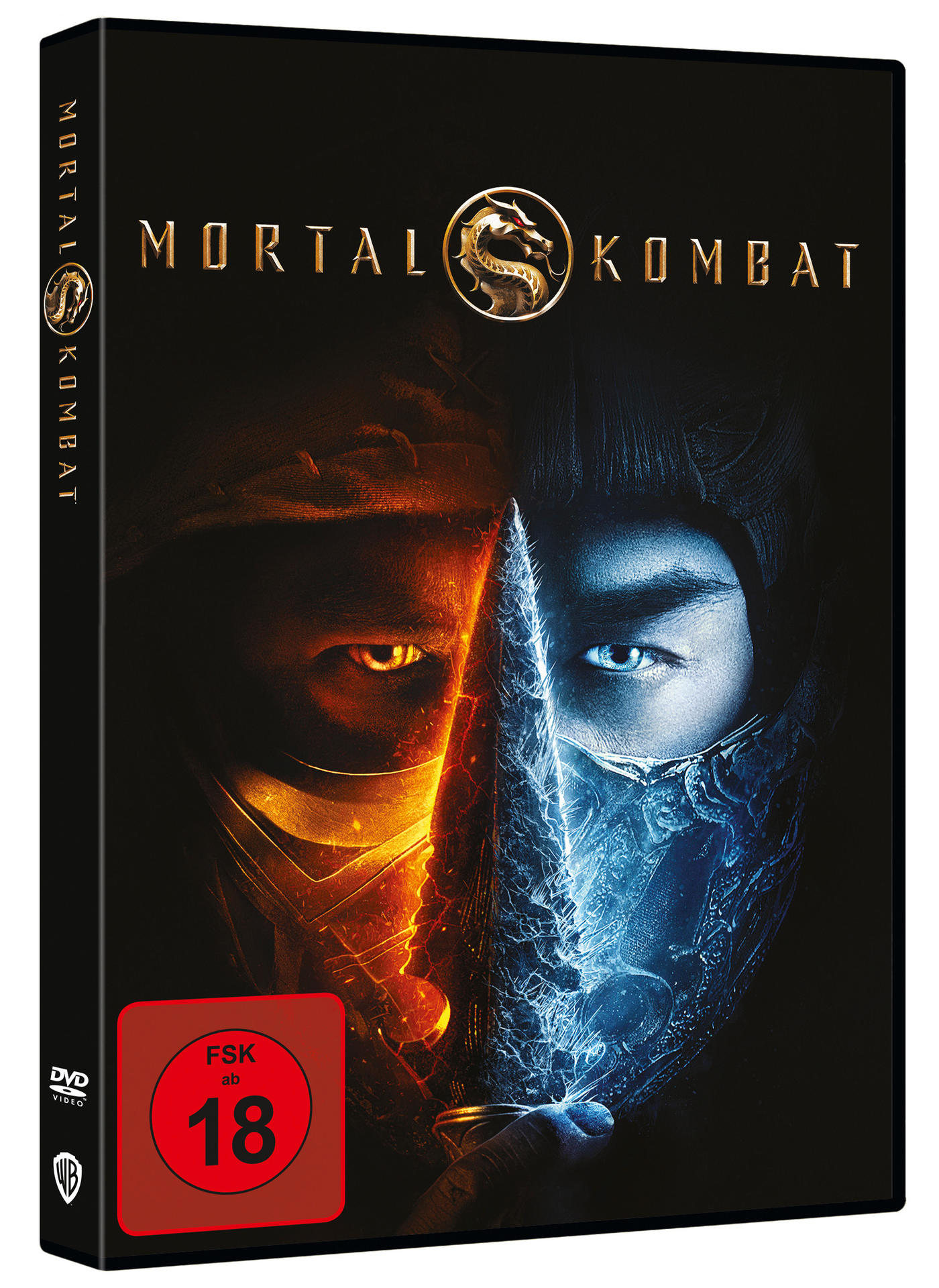 DVD-Hülle mit Mortal Kombat Filmcover. Dunkler Hintergrund, Gesicht zweifarbig geteilt. Text: MORTAL KOMBAT.