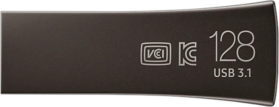 Black USB drive with text: 128 USB 3.1.