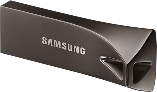 Close-up of a Samsung USB flash drive, metallic gray color.