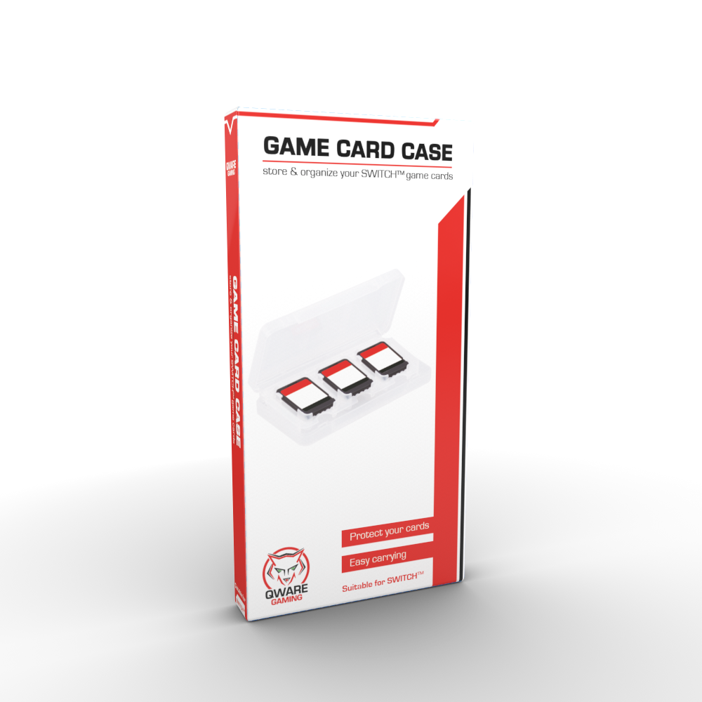 A red and white game card case, with a white interior holding game cards, and text indicating it's for SWITCH.