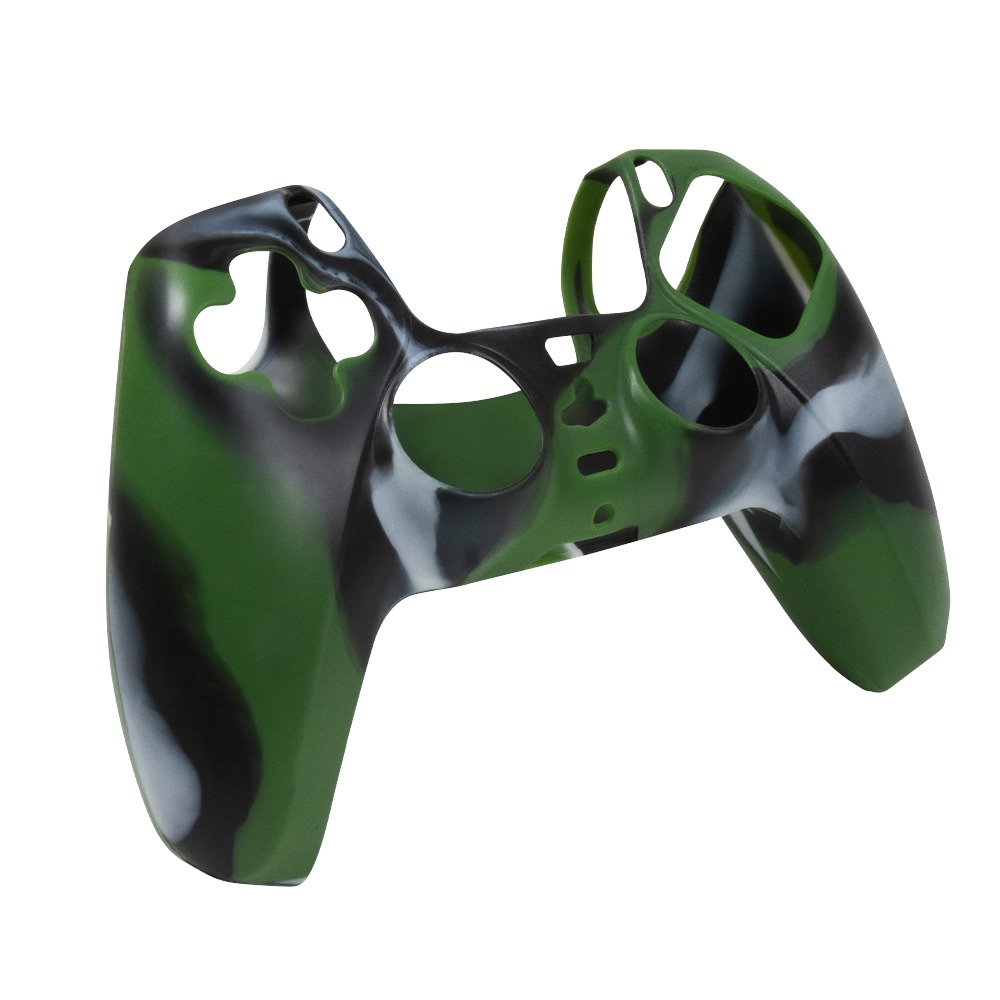 A green, black, and white camouflage controller cover isolated on a white background.