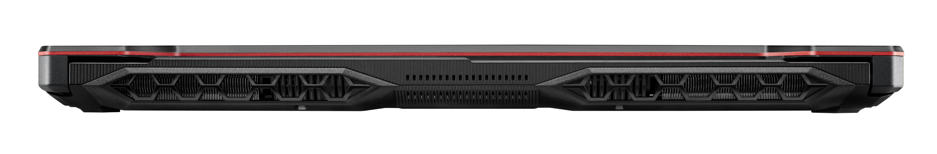 El sistema de ventilación de una computadora portátil, visto desde abajo, con dos ventiladores y detalles en rojo.