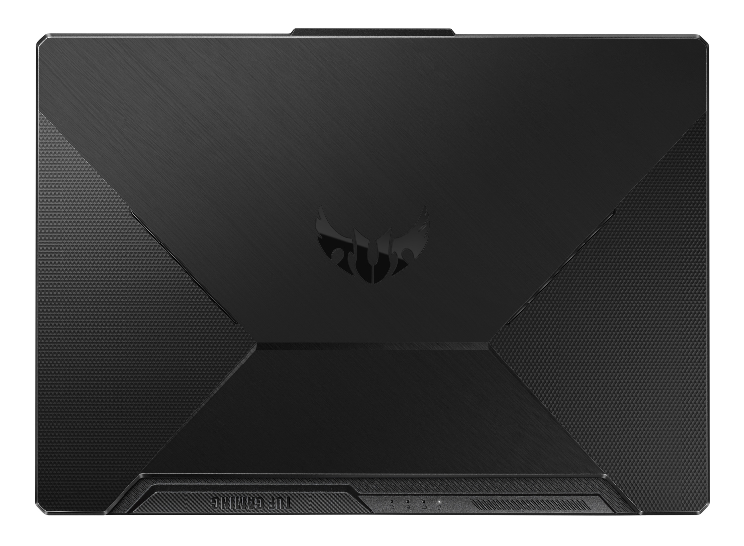 Ordenador portátil negro. La parte superior presenta una superficie texturizada con el logotipo TUF Gaming.