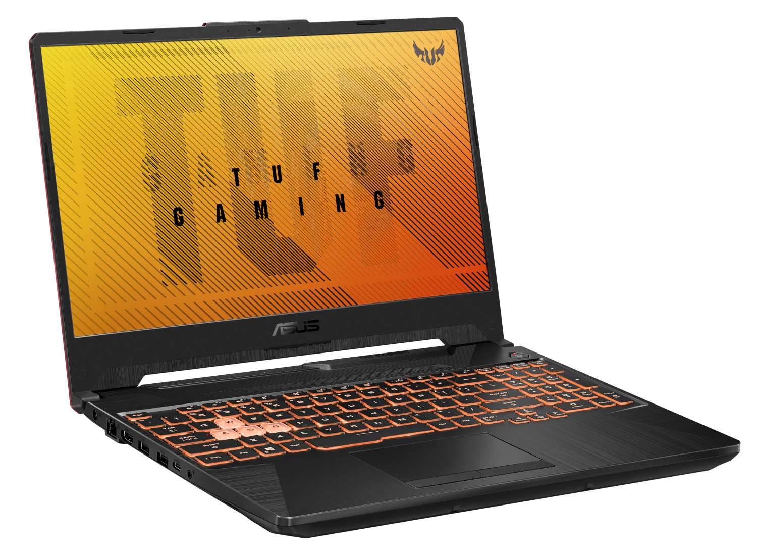 Portátil ASUS TUF Gaming negro, teclado retroiluminado naranja, vista en ángulo, abierto.