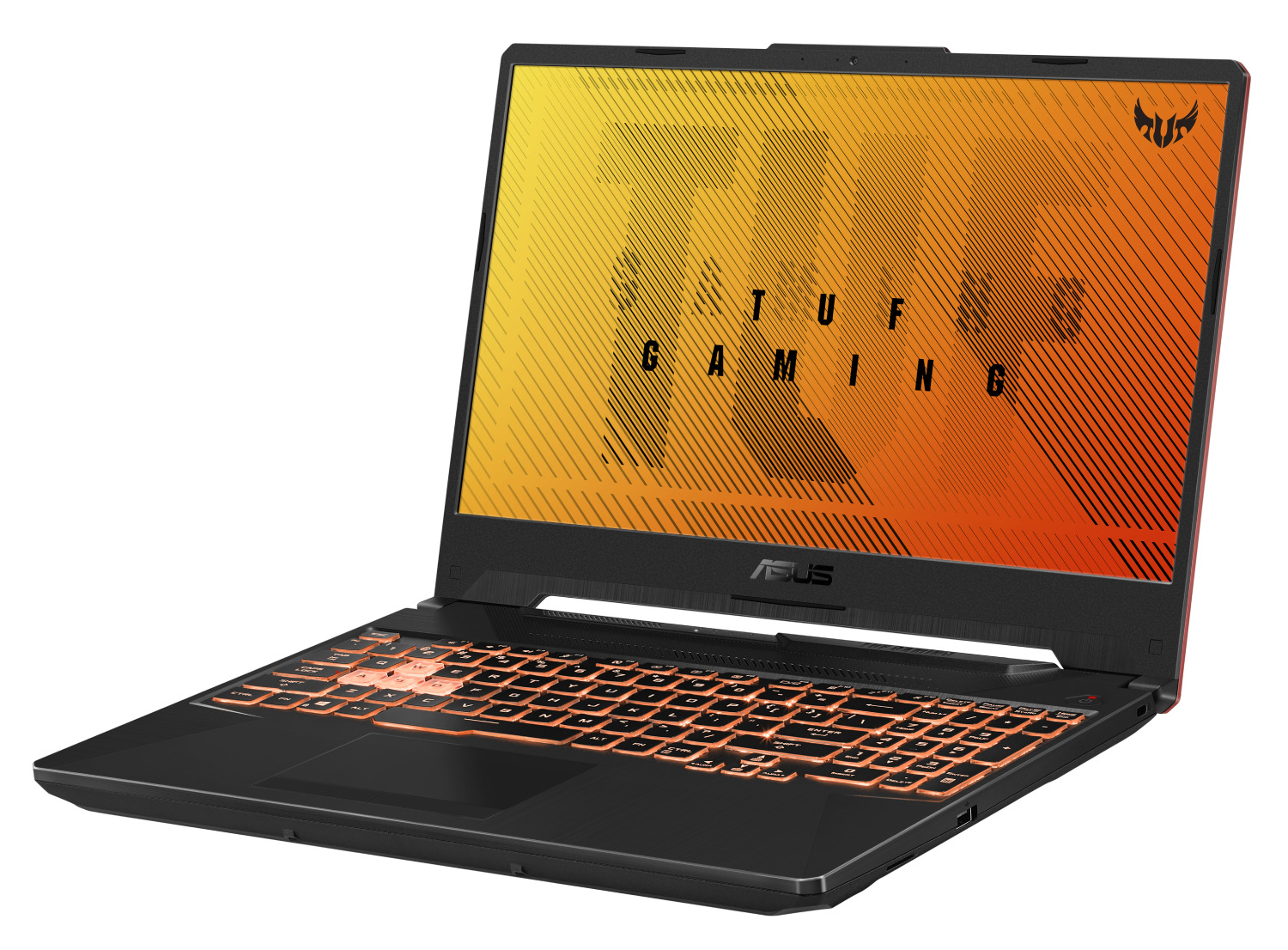 Ordenador portátil negro con pantalla naranja y amarilla. La palabra TUF GAMING es visible en la pantalla.