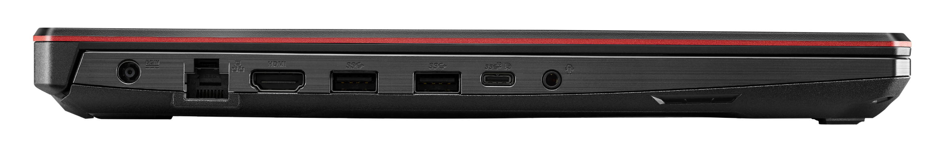 Vista lateral de una computadora portátil negra con puertos en el lateral. Raya roja en la parte superior.