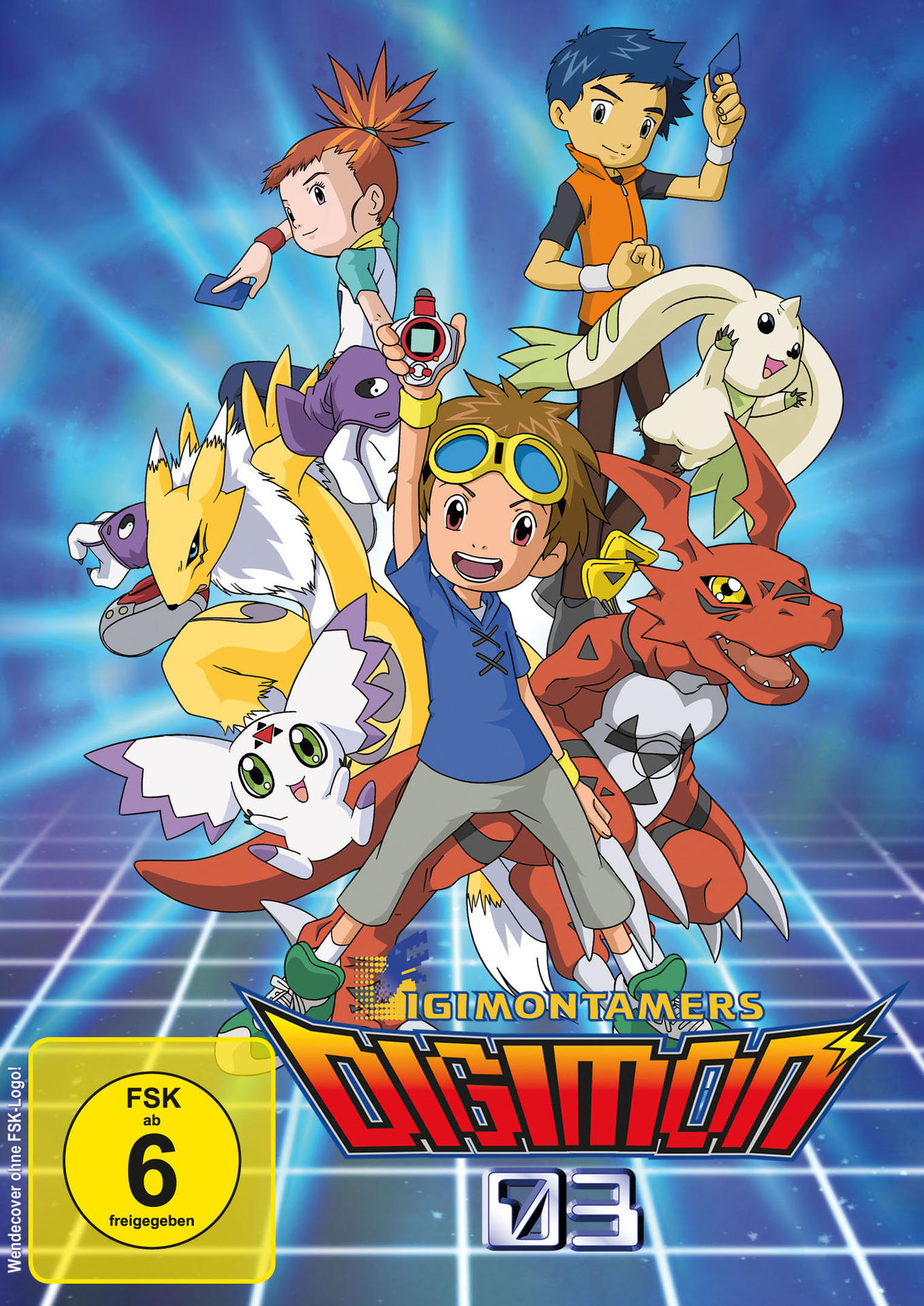 Digimon Tamers DVD-Cover: Verschiedene Digimon und Kinder, blauer Hintergrund und ein Logo.