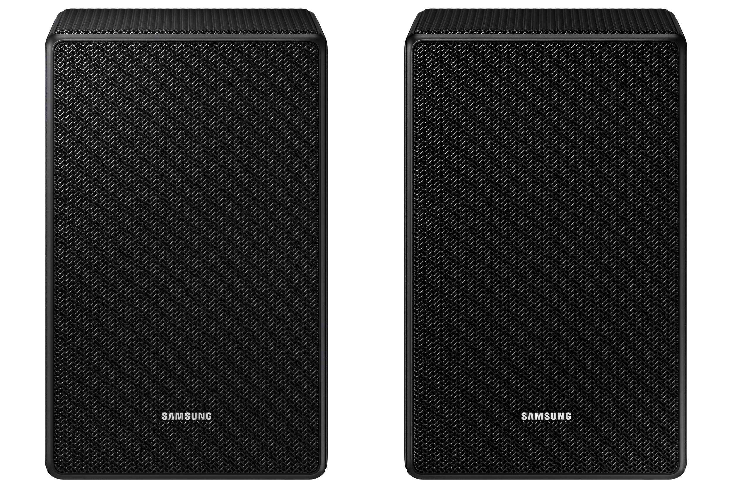 Twee zwarte Samsung-luidsprekers met een gestructureerd oppervlak.