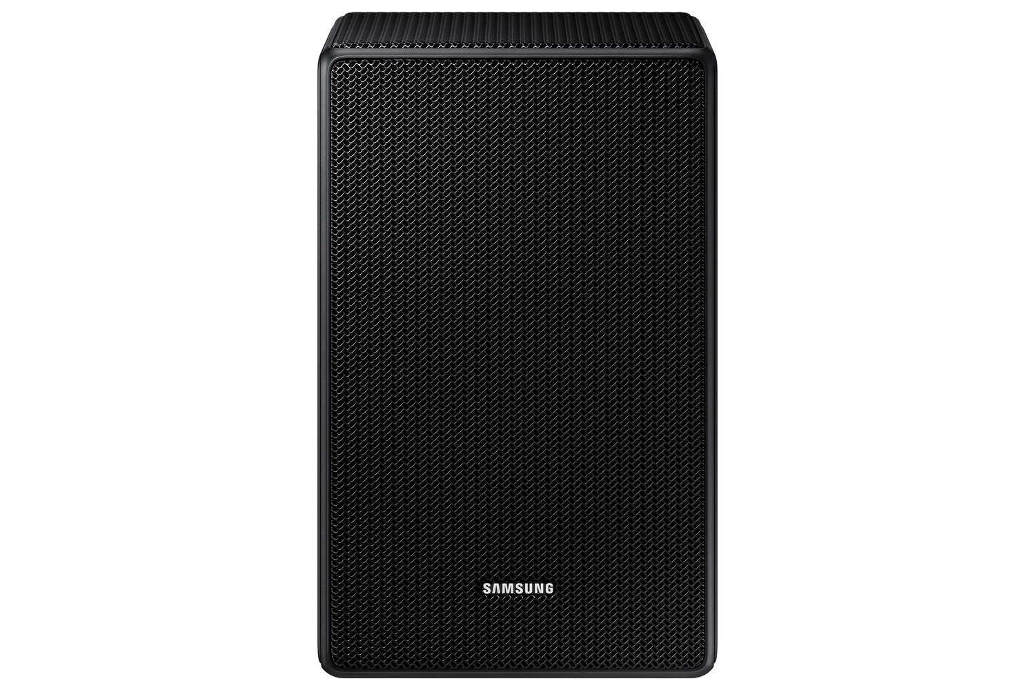 Zwarte Samsung-luidspreker. Rechthoekige vorm met een mesh-patroon aan de voorkant.