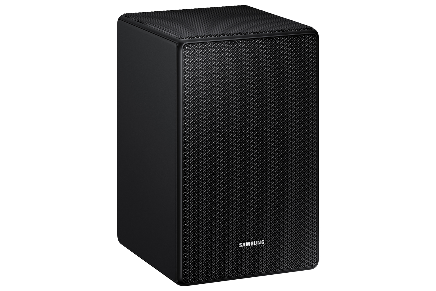 Zwarte, rechthoekige subwoofer luidspreker met een getextureerd frontpaneel, met 'SAMSUNG'.