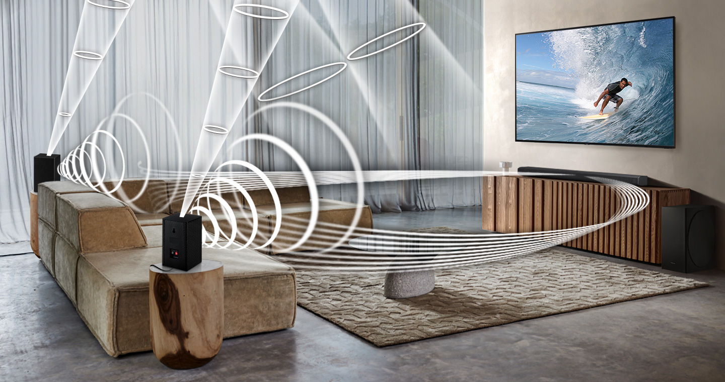 Woonkamer met een tv en luidsprekers. De tv toont een surfer. Geluidsgolven komen uit de luidsprekers.
