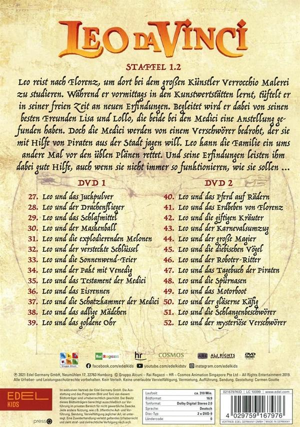 Rückseite einer DVD-Hülle. Text über Leonardo da Vinci, mit einer Liste von Episoden auf Deutsch.