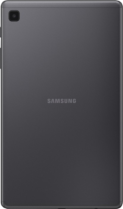 Rückansicht eines dunkelgrauen Tablets mit Samsung-Logo und Kamera.