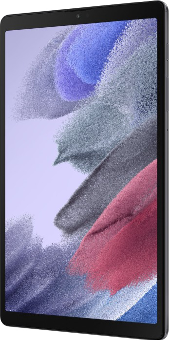 Ein schwarzes Tablet auf weißem Hintergrund, Seitenansicht, zeigt das Profil des Geräts.