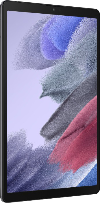 Tablet im Profil. Das Display zeigt ein farbenfrohes, abstraktes Bild auf hellviolettem Hintergrund.