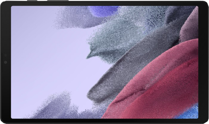 Ein schwarzes Tablet mit einem farbenfrohen, abstrakten Hintergrund auf dem Bildschirm.