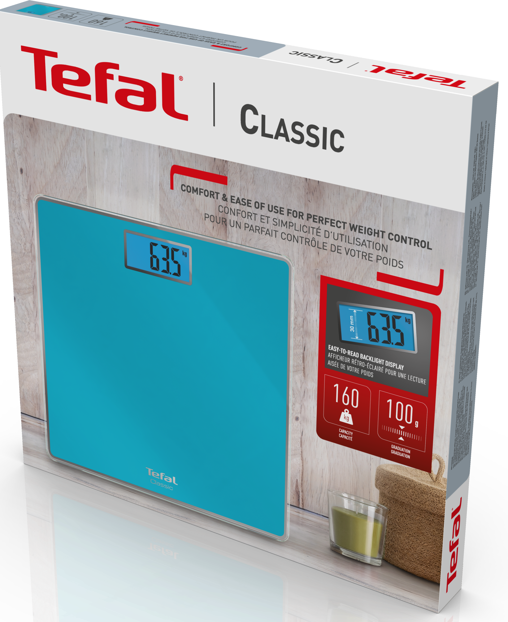 Tefal Classic digitális fürdőszobamérleg dobozban, a súlyt és a kijelző részleteit mutatja.