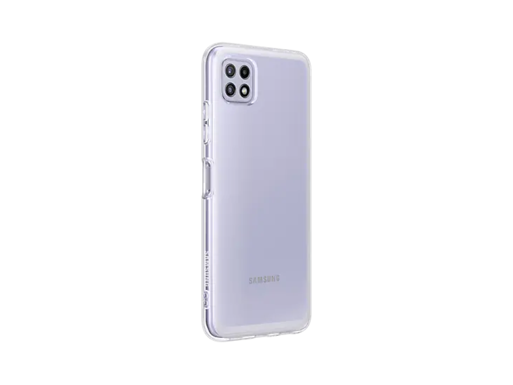Smartphone morado con una funda protectora transparente.