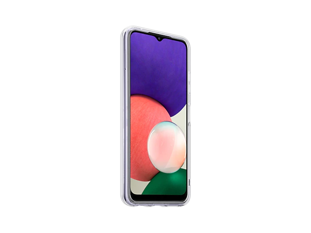 Un teléfono morado y rosa en una funda transparente, aislado sobre un fondo negro.