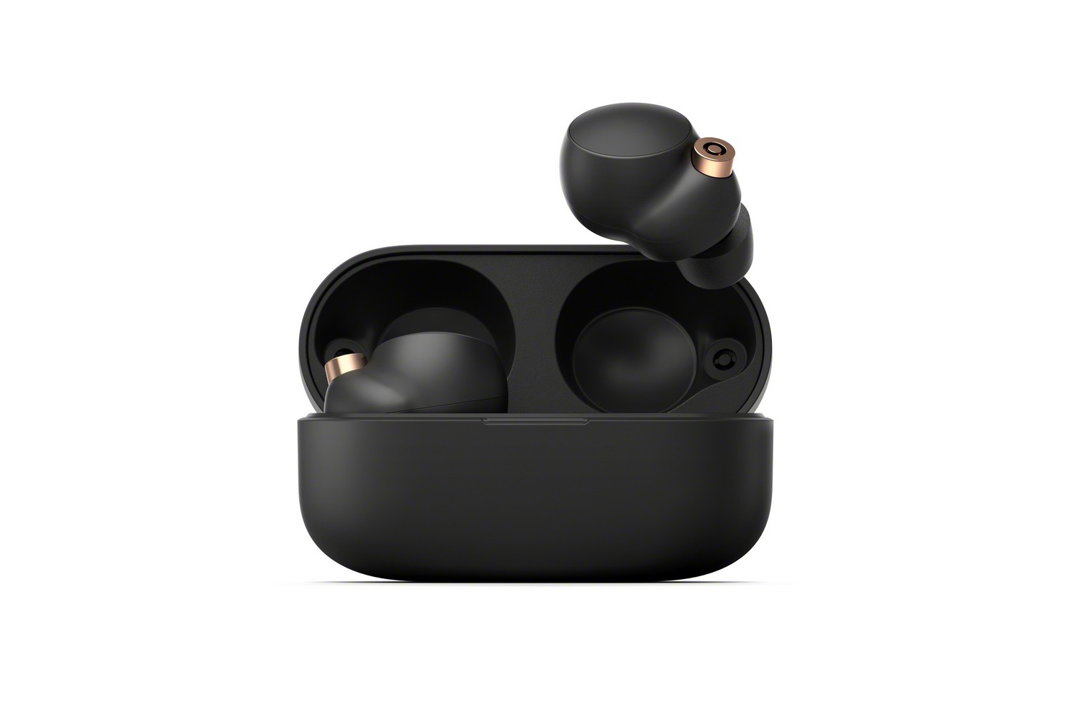 Auriculares inalámbricos negros en su estuche de carga, sobre un fondo blanco.