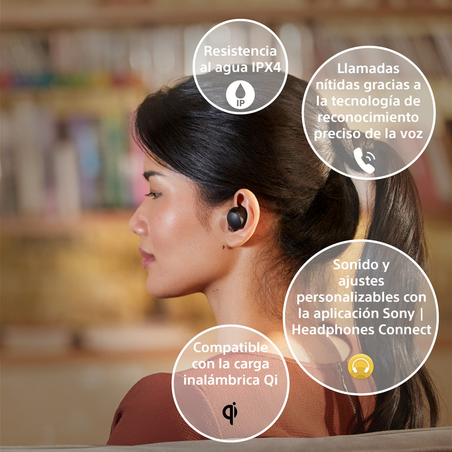 Mujer con auriculares negros. Burbujas de información: resistencia al agua, llamadas claras, carga inalámbrica.