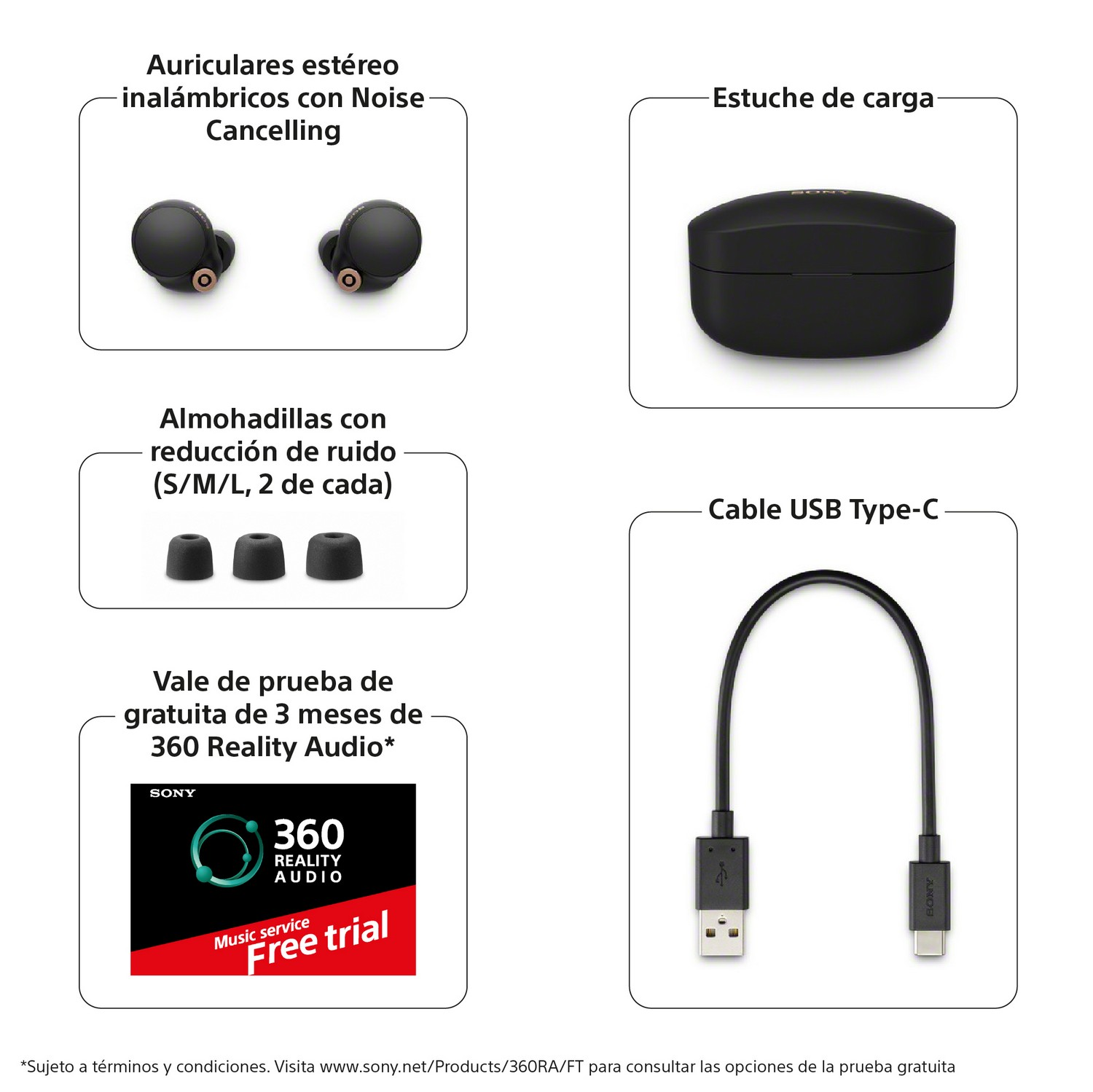 Auriculares, estuche de carga y cable USB. Texto en español. Oferta de prueba de 360 Reality Audio.