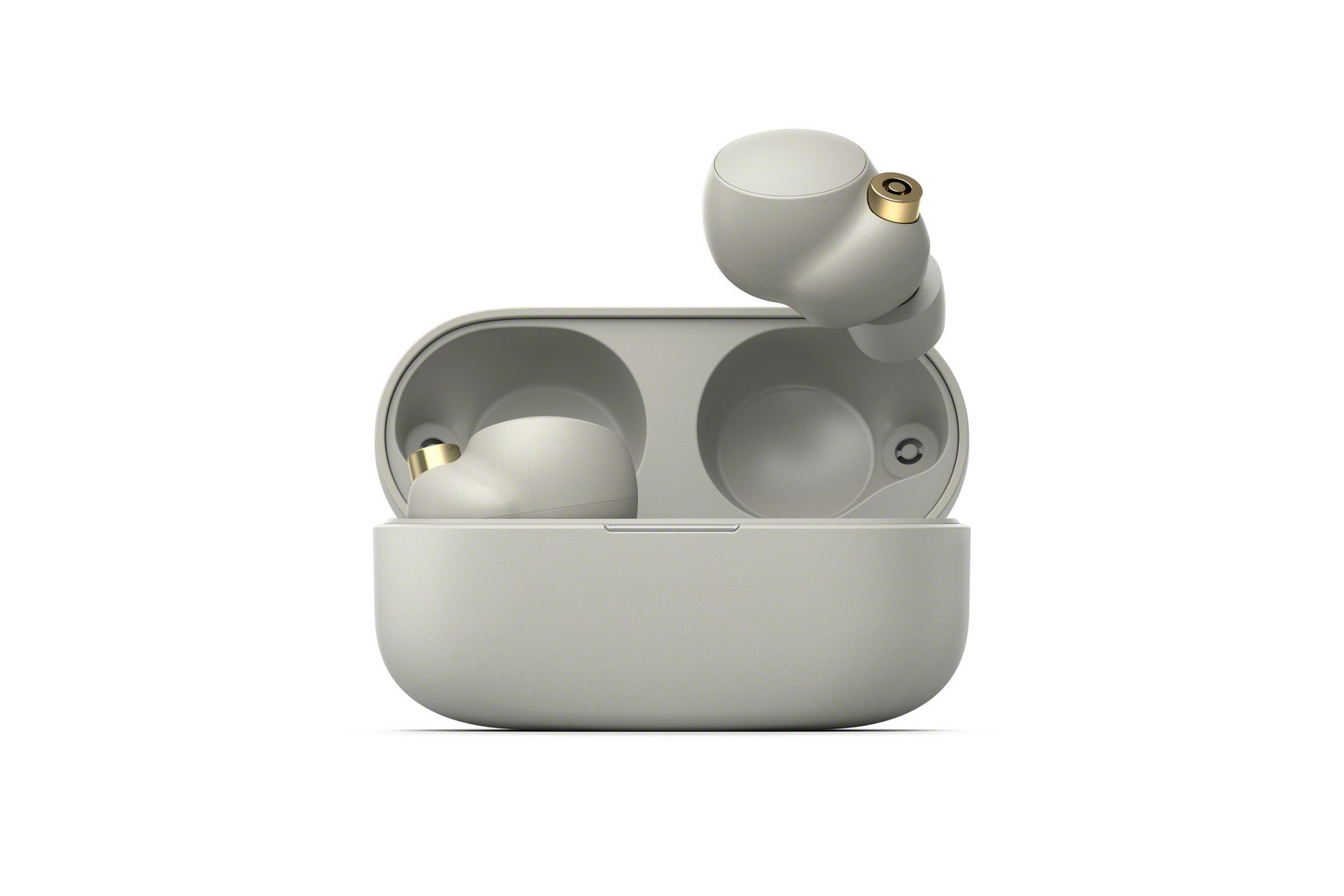 Auriculares inalámbricos en un estuche de carga. Fondo blanco.