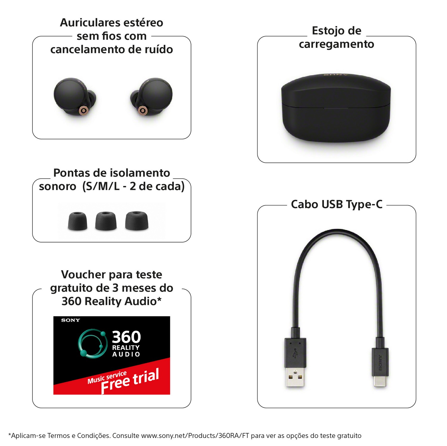 Diagrama de auriculares inalámbricos con accesorios: estuche de carga, almohadillas y cable USB.