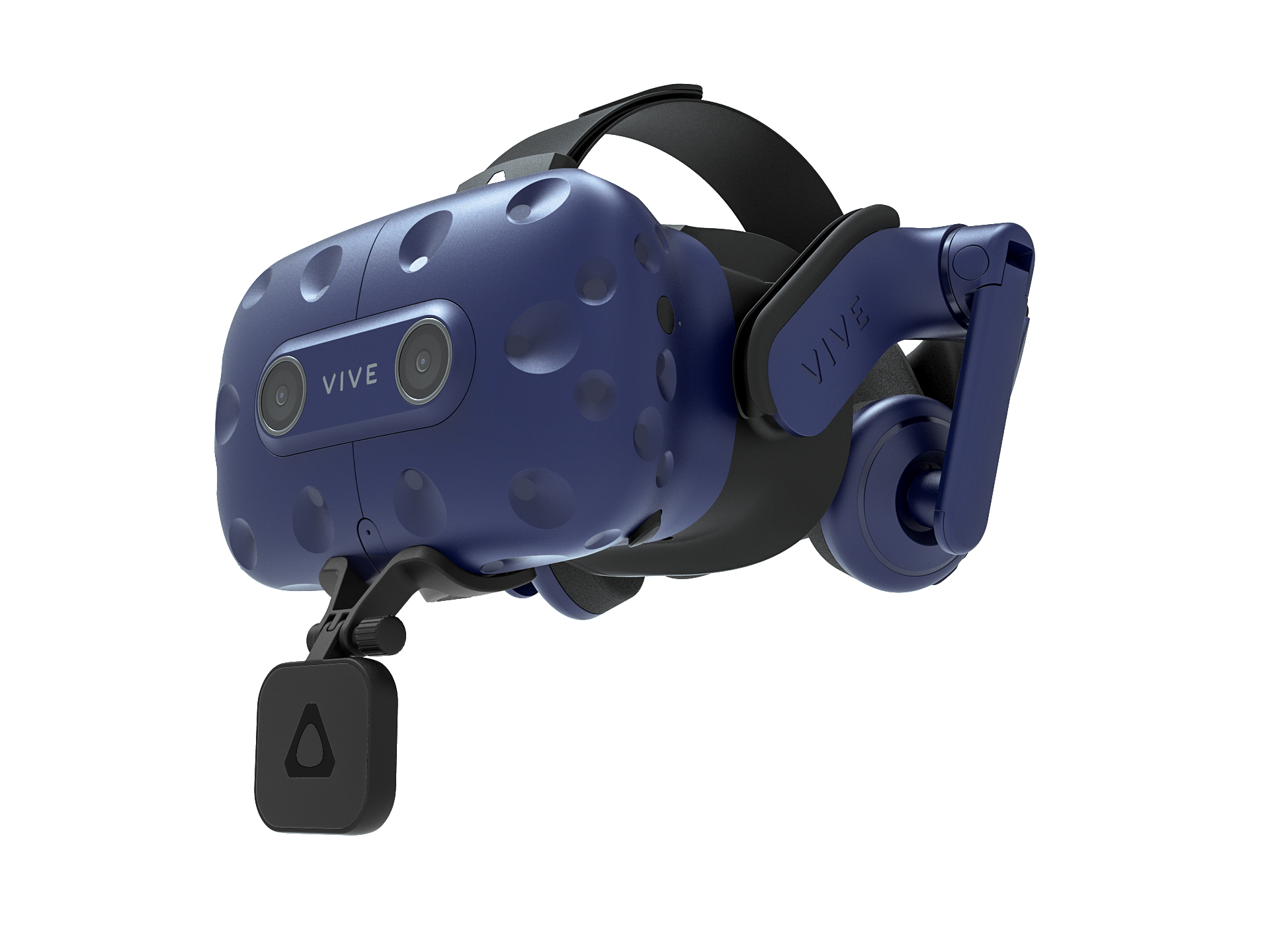 Blaues und schwarzes VR-Headset. Weißer Hintergrund. Das Headset zeigt nach rechts.