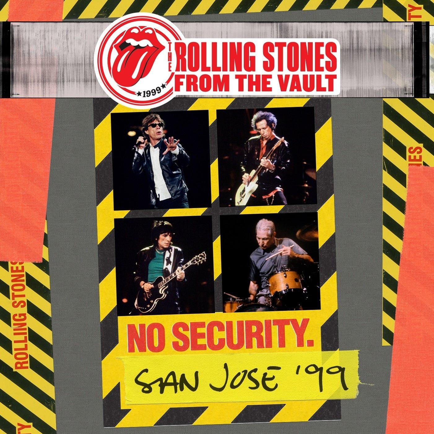 Album borító Rolling Stones tagokkal. Felirat: 'No Security, San Jose '99'.