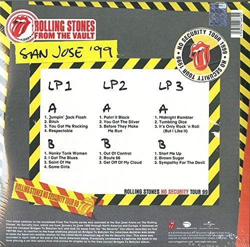 A Rolling Stones 'No Security Tour 1999' albumának hátlapja, számlistákkal és címkékkel.