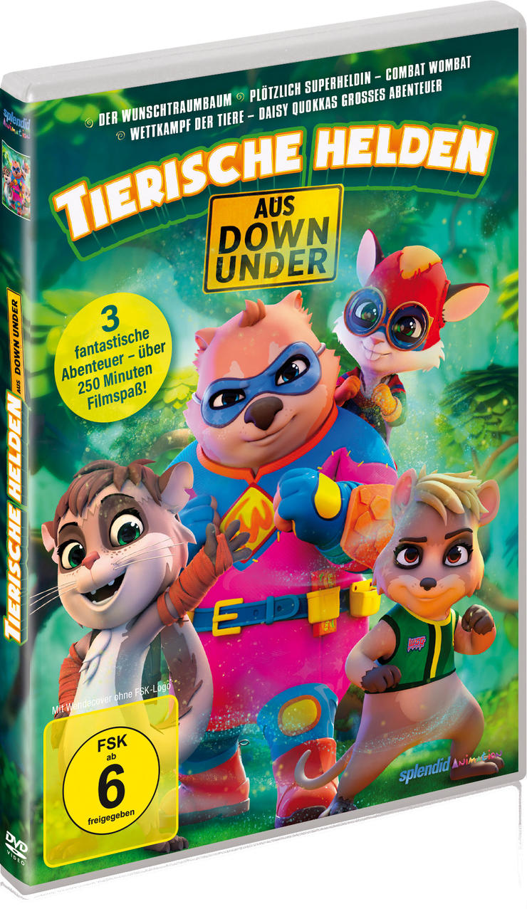 DVD-Cover: Zeichentricktiere, Text: Tierische Helden aus Down Under, Text mit Beschreibung.