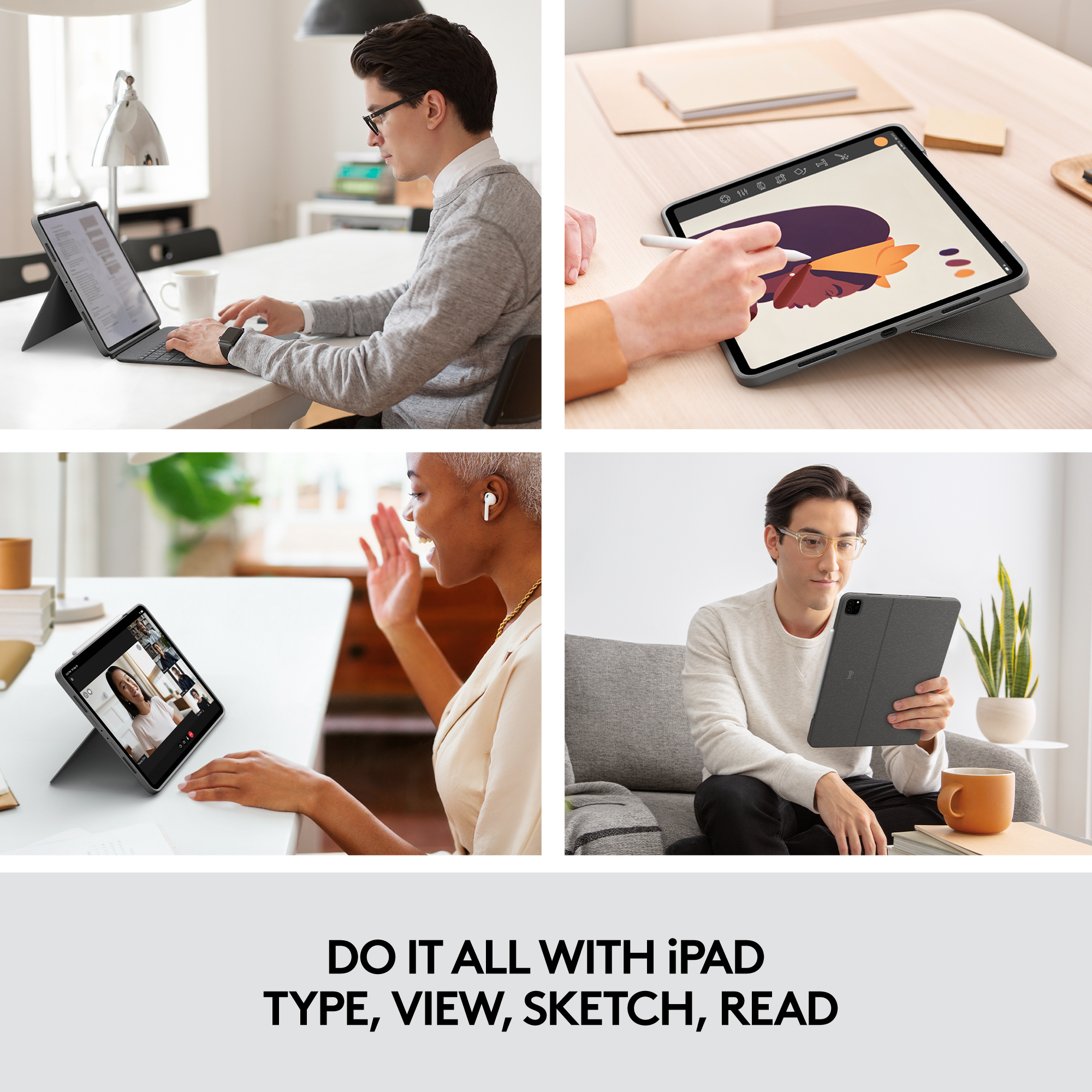 Quatre images de personnes utilisant un iPad pour différentes activités.