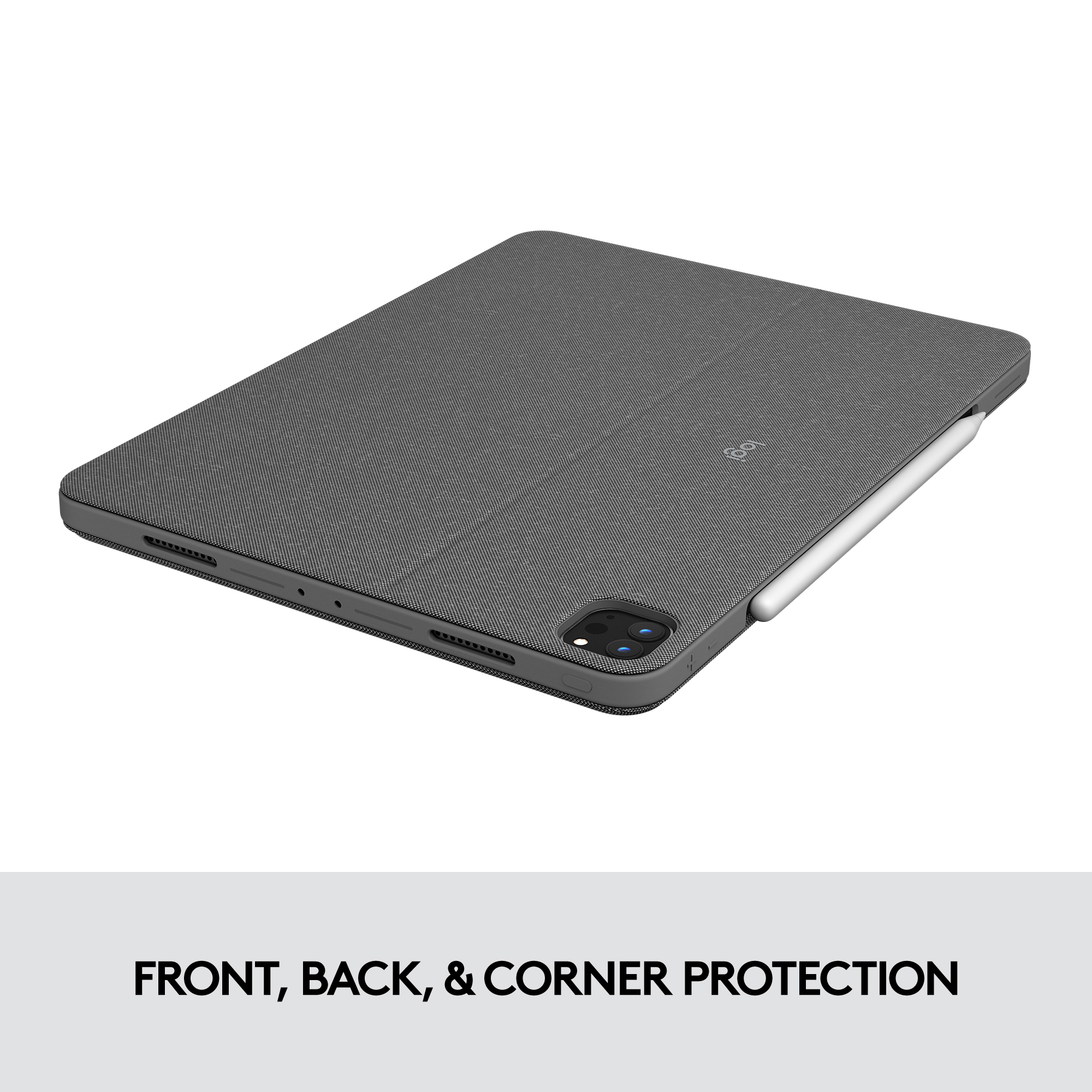 Un étui gris pour iPad avec un stylet blanc sur fond blanc.