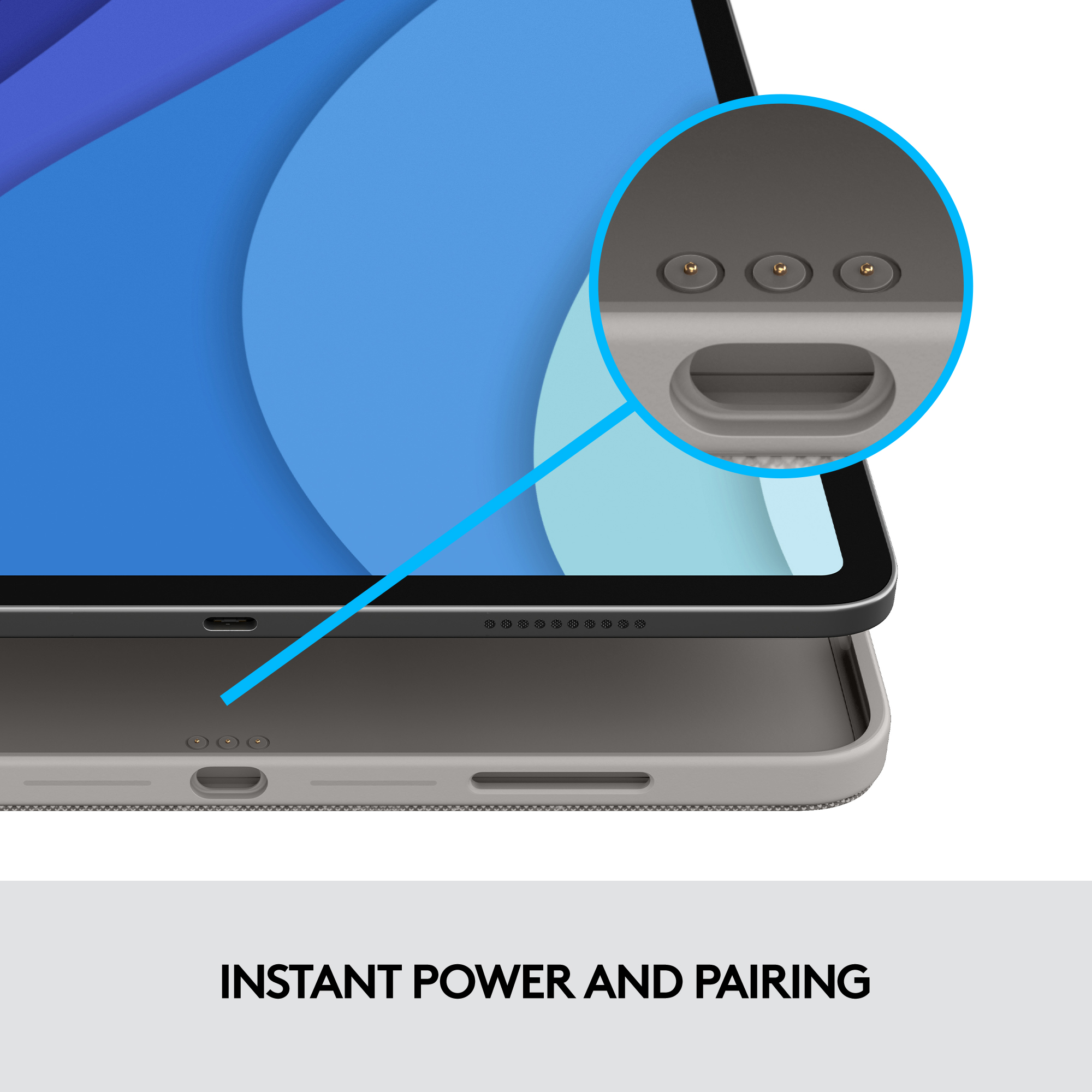 Détail de la zone de chargement de la tablette. Vue agrandie des ports de charge et d'un étui.