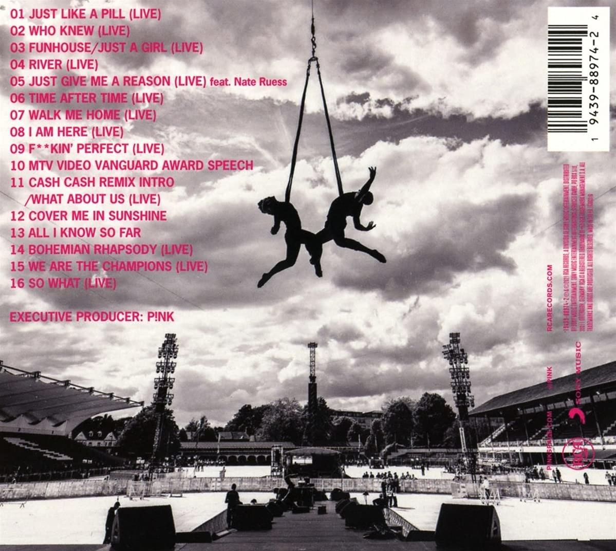 Pink album borítója. Két akrobata lóg a levegőben egy stadion felett.