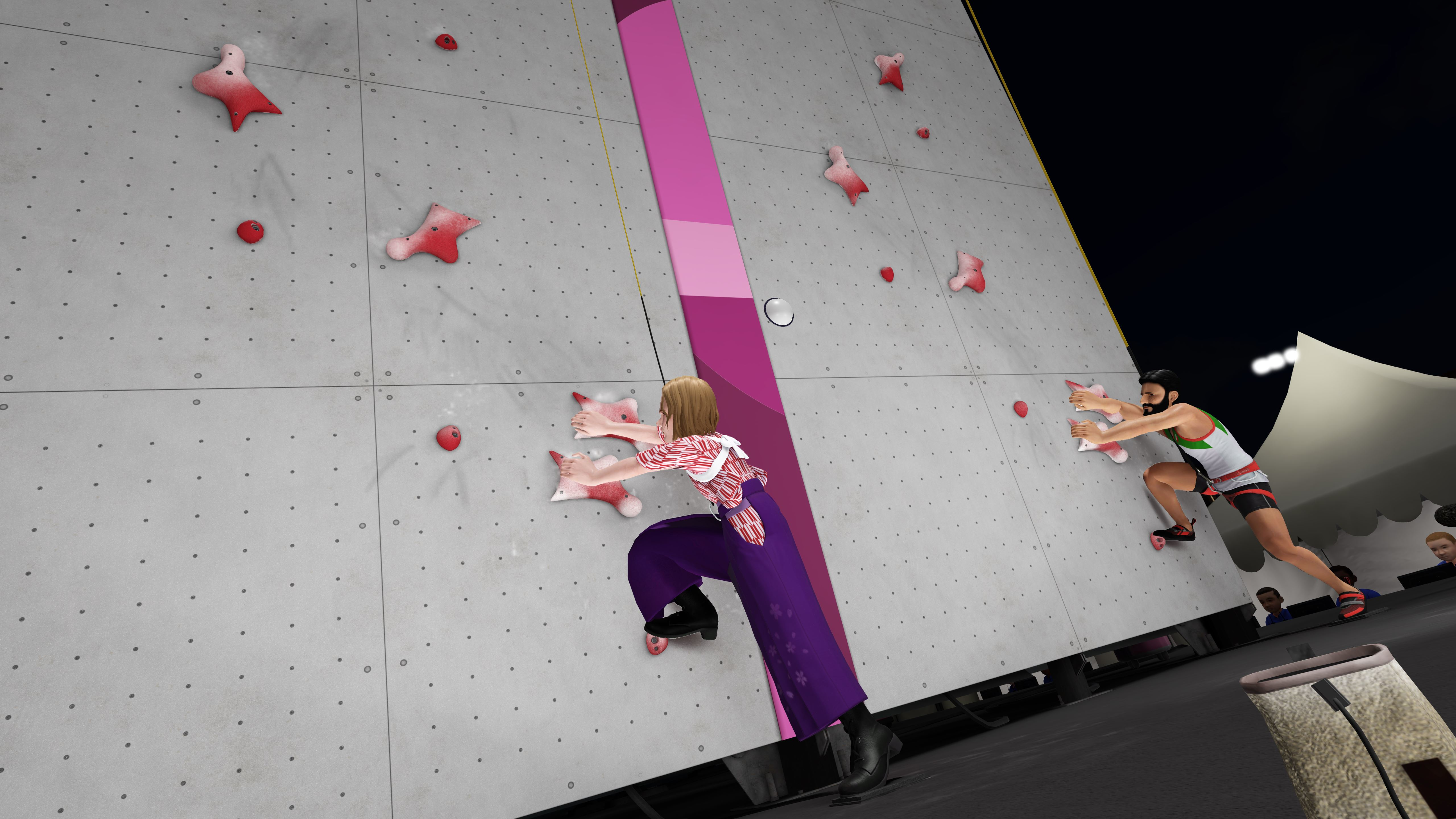 Due donne che scalano un muro in una competizione di arrampicata, una con pantaloni viola.