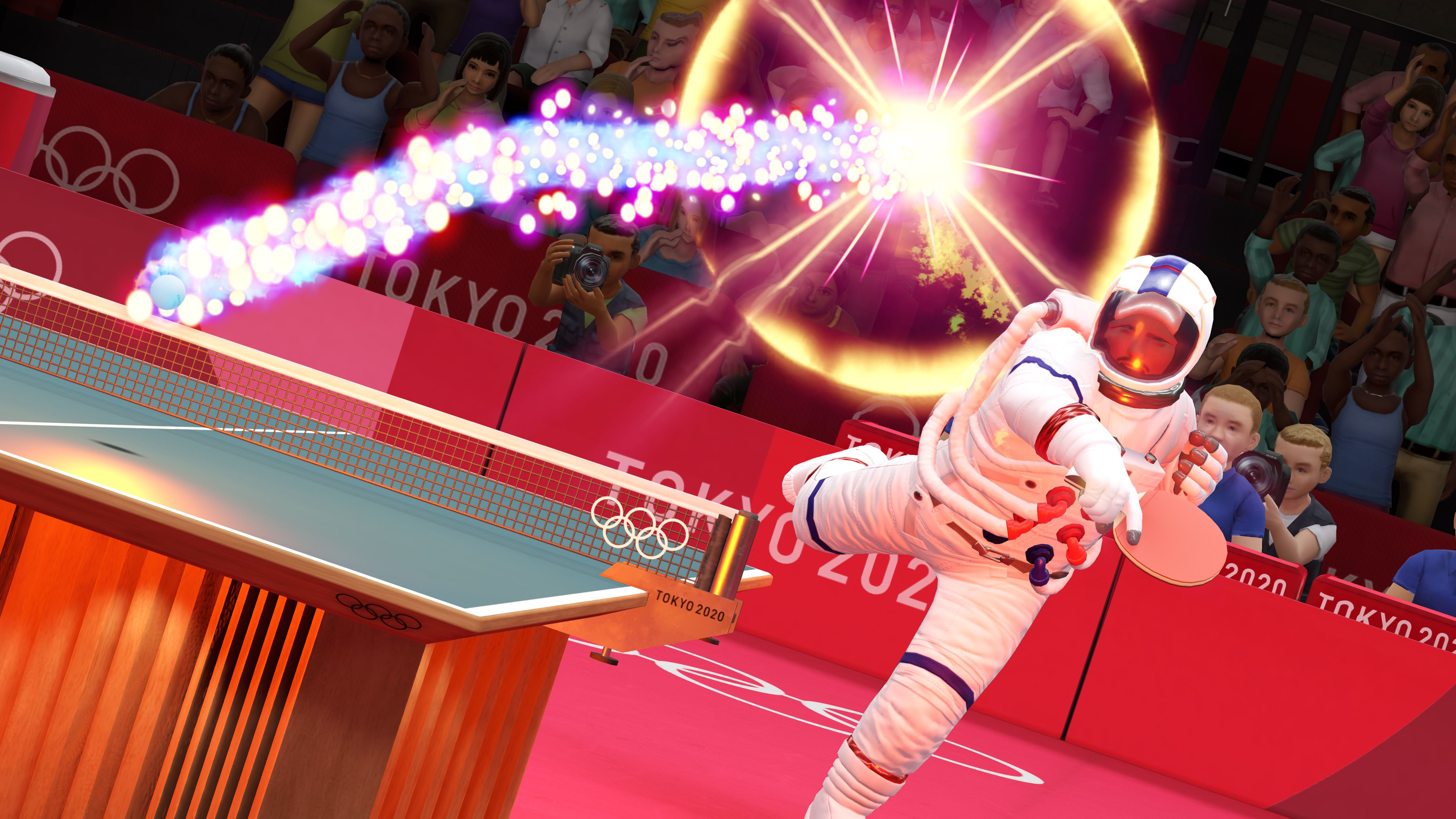 Astronauta che gioca a ping pong con una scia luminosa.