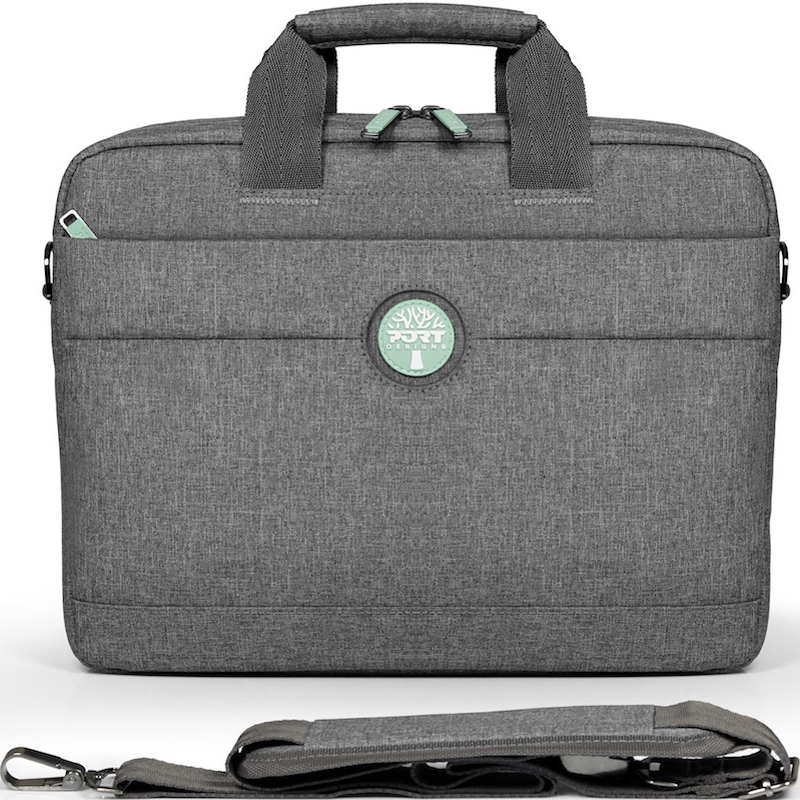 Un sac d'ordinateur portable gris avec une bandoulière et un logo Port Designs.