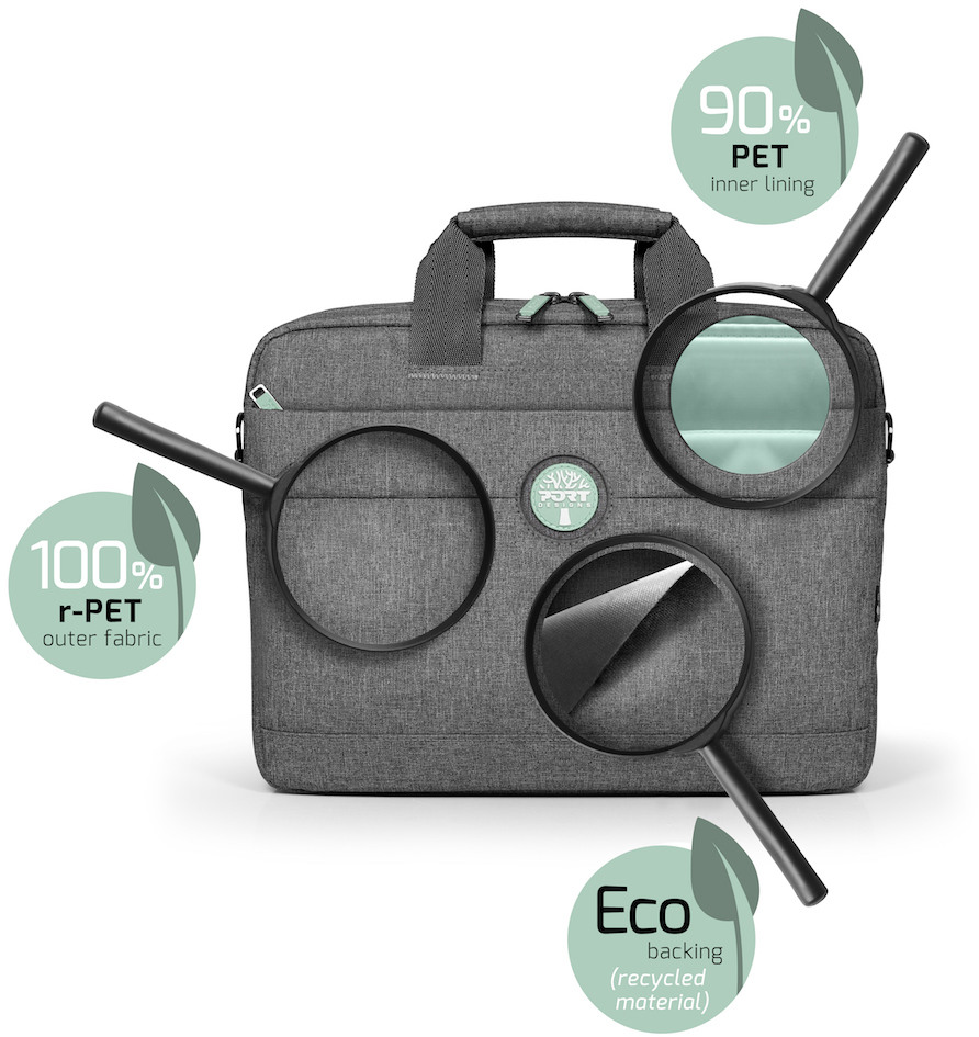 Graue Laptoptasche mit Details, hervorgehobene Bereiche zeigen Materialien und Prozentsätze.