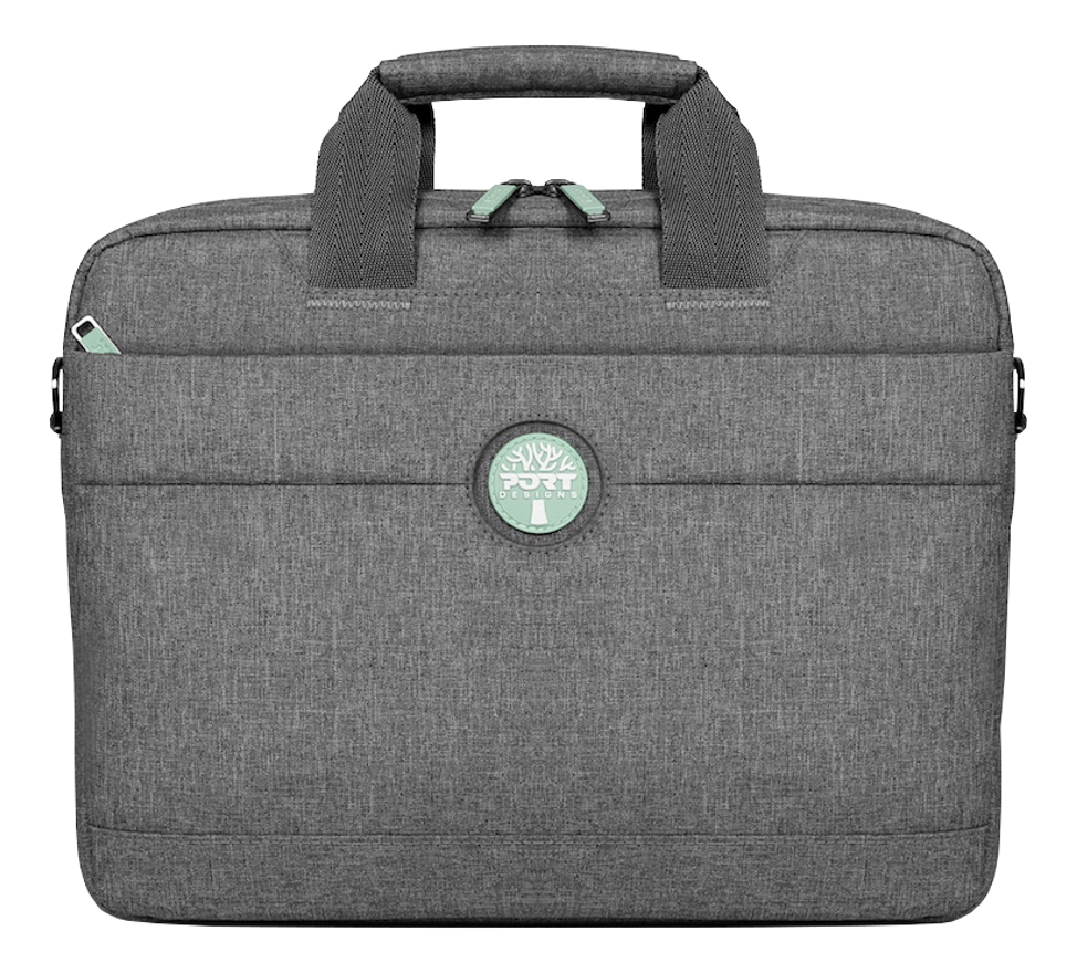 Graue Laptoptasche mit Griff und Logo. Mit Reißverschluss und Fronttasche.