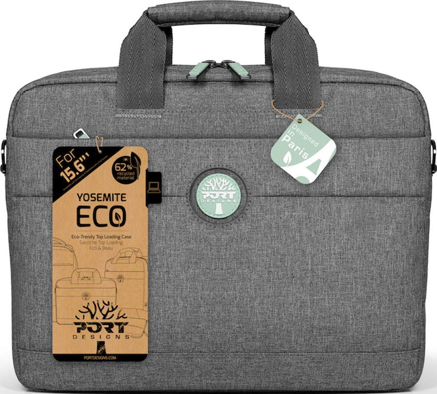Graue Laptoptasche mit Etiketten. Ein Etikett sagt 'Yosemite Eco'. Die Tasche hat Griffe und ein Logo.