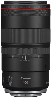 Ein schwarzes Canon 100mm Objektiv mit rotem Ring, verschiedenen Ringen und Canon-Branding.