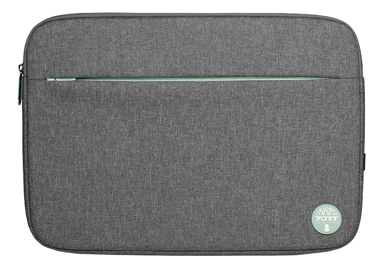 Graue Laptop-Hülle mit grünem Reißverschluss und rundem Logo.