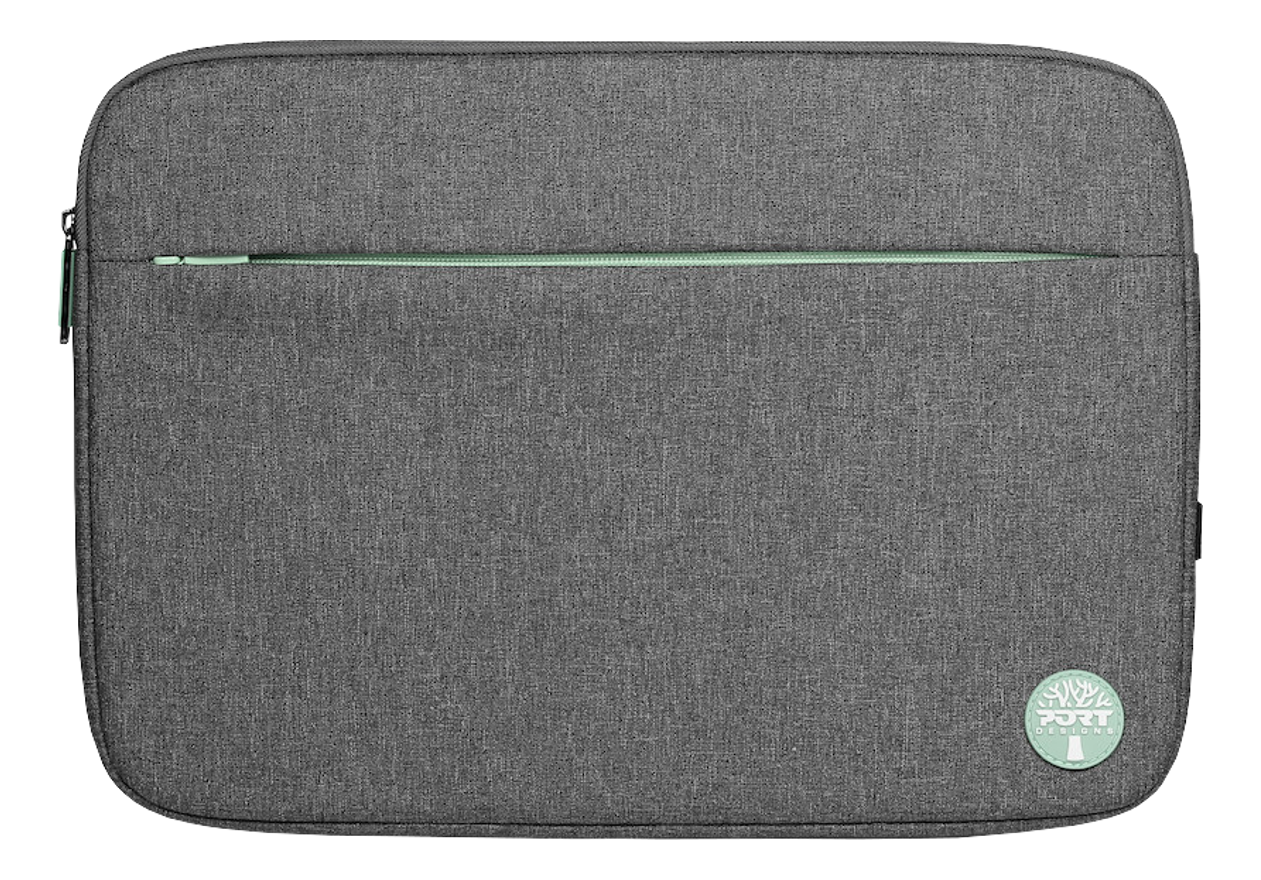 Graue Laptop-Hülle mit grünem Reißverschluss.