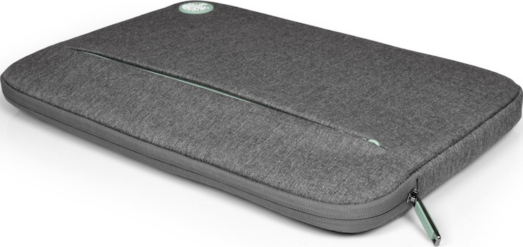 Graue Laptoptasche mit Reißverschluss. Mintgrüner Reißverschluss. Kleines Logo oben.
