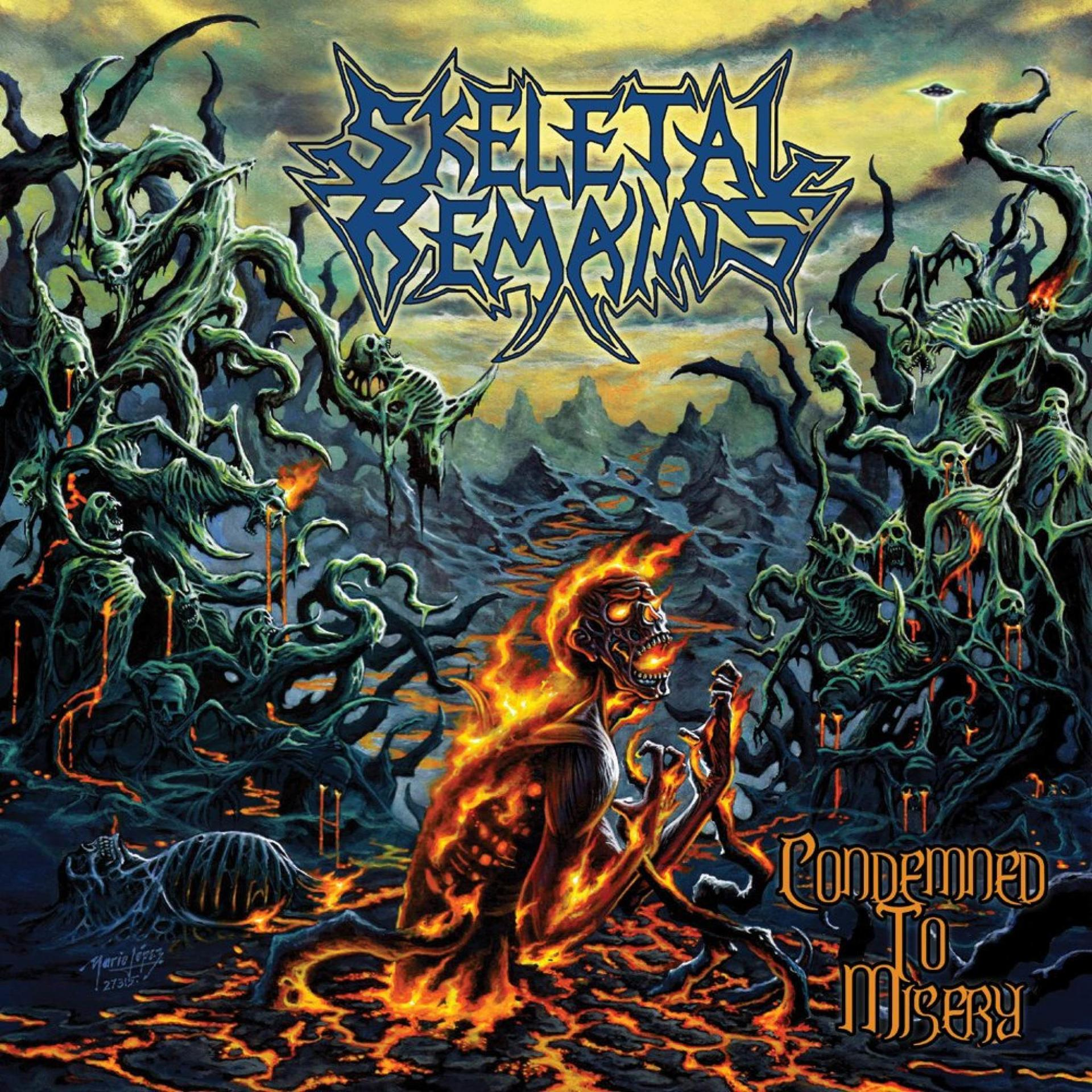 Album borító: Égő alak pokoli tájban csontvázfigurákkal, Skeletal Remains címmel.